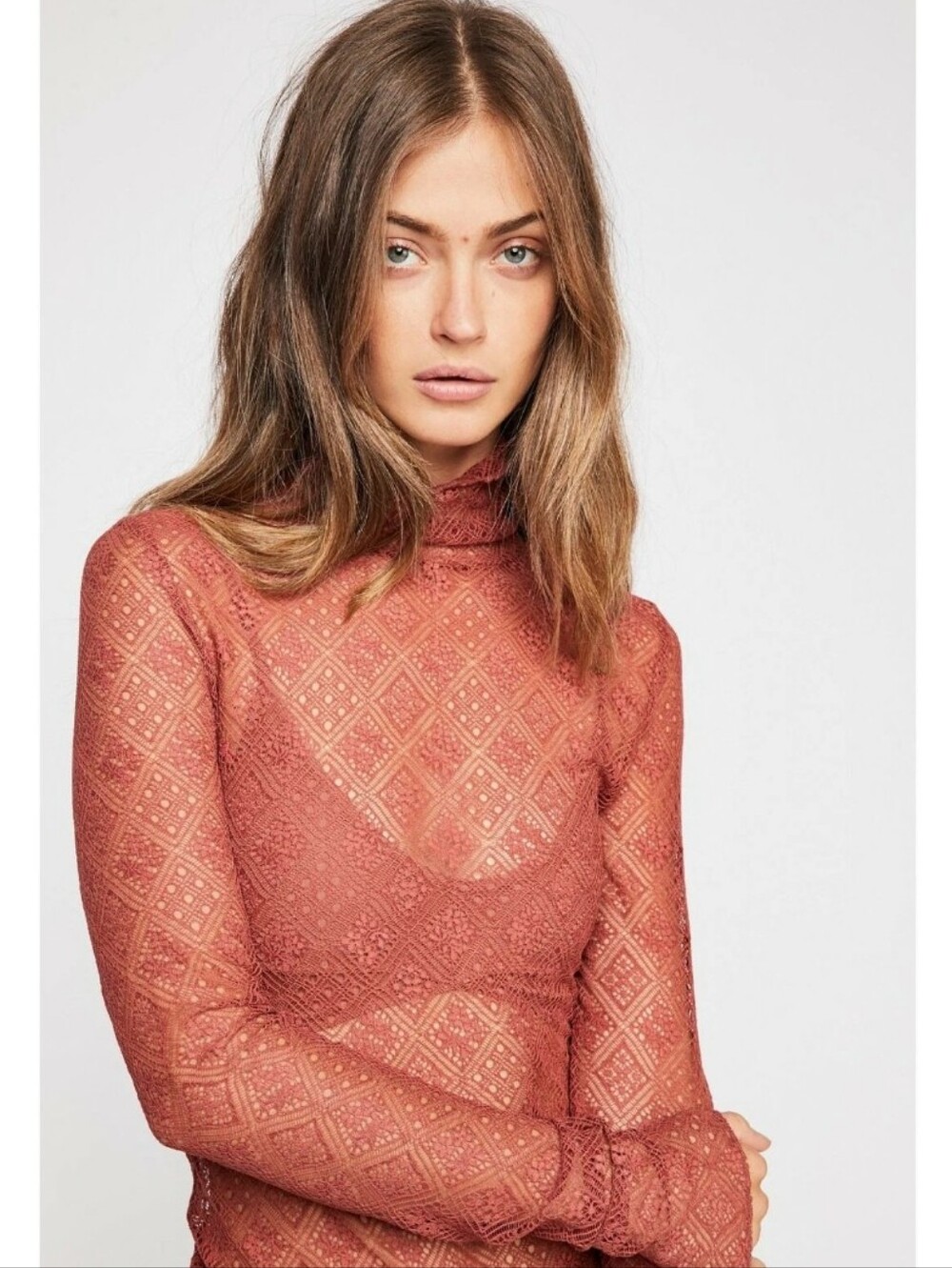 Free People Sheer Lace Mock Neck Top in Rusty Copper Size XS
